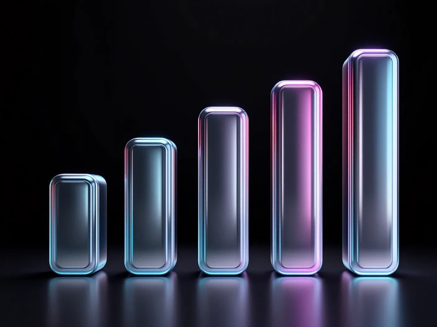 Five chrome dose bars of increasing height with the tallest rimmed in iridescent glow on a space ground