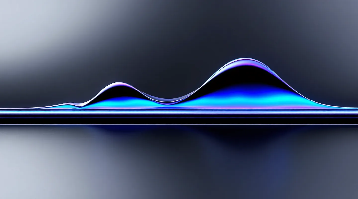 Three stacked chrome pharmacokinetic curves with the broad plateau washed in iridescent glow on a space ground