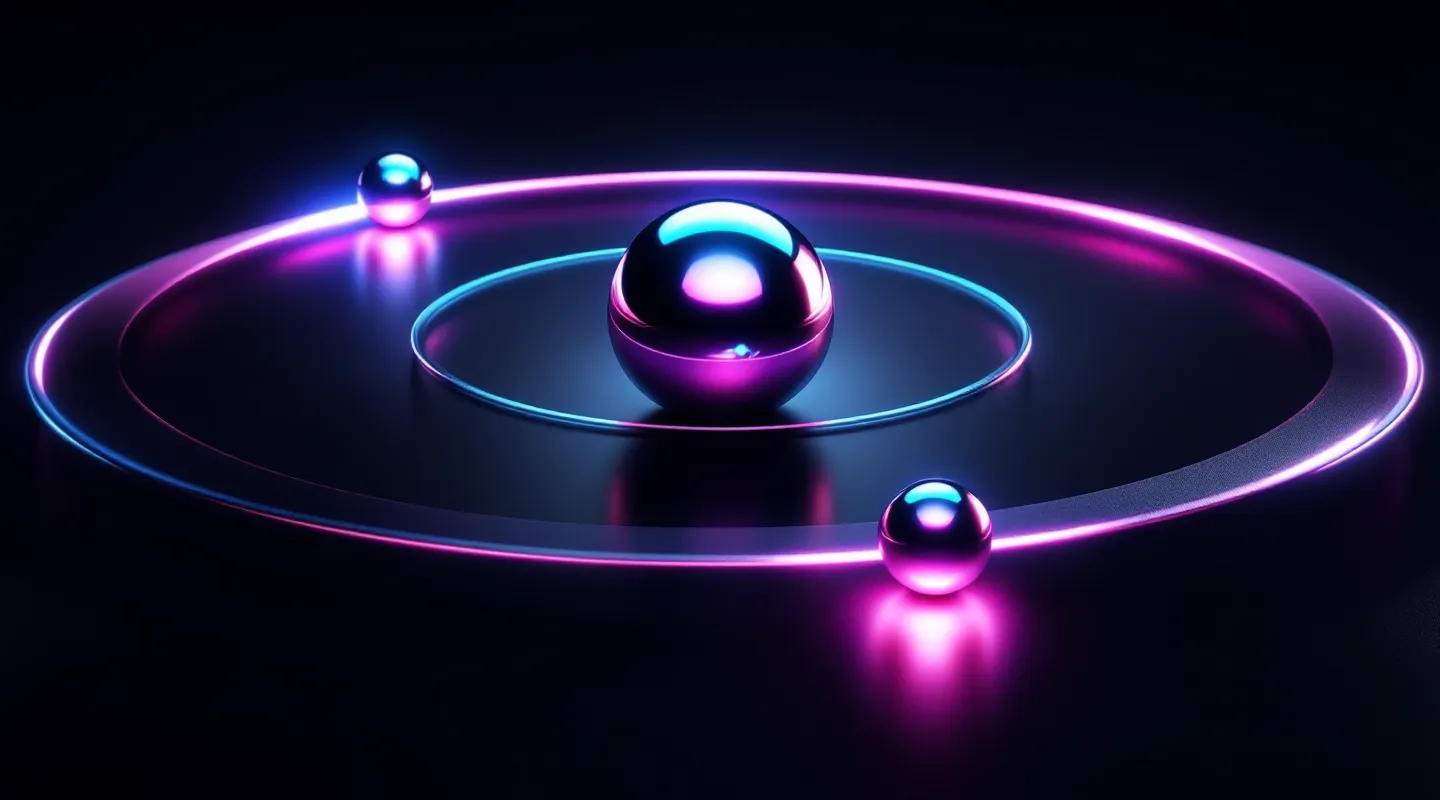 Central chrome sphere with three orbiting iridescent bead-orbs on metallic rings against a space ground