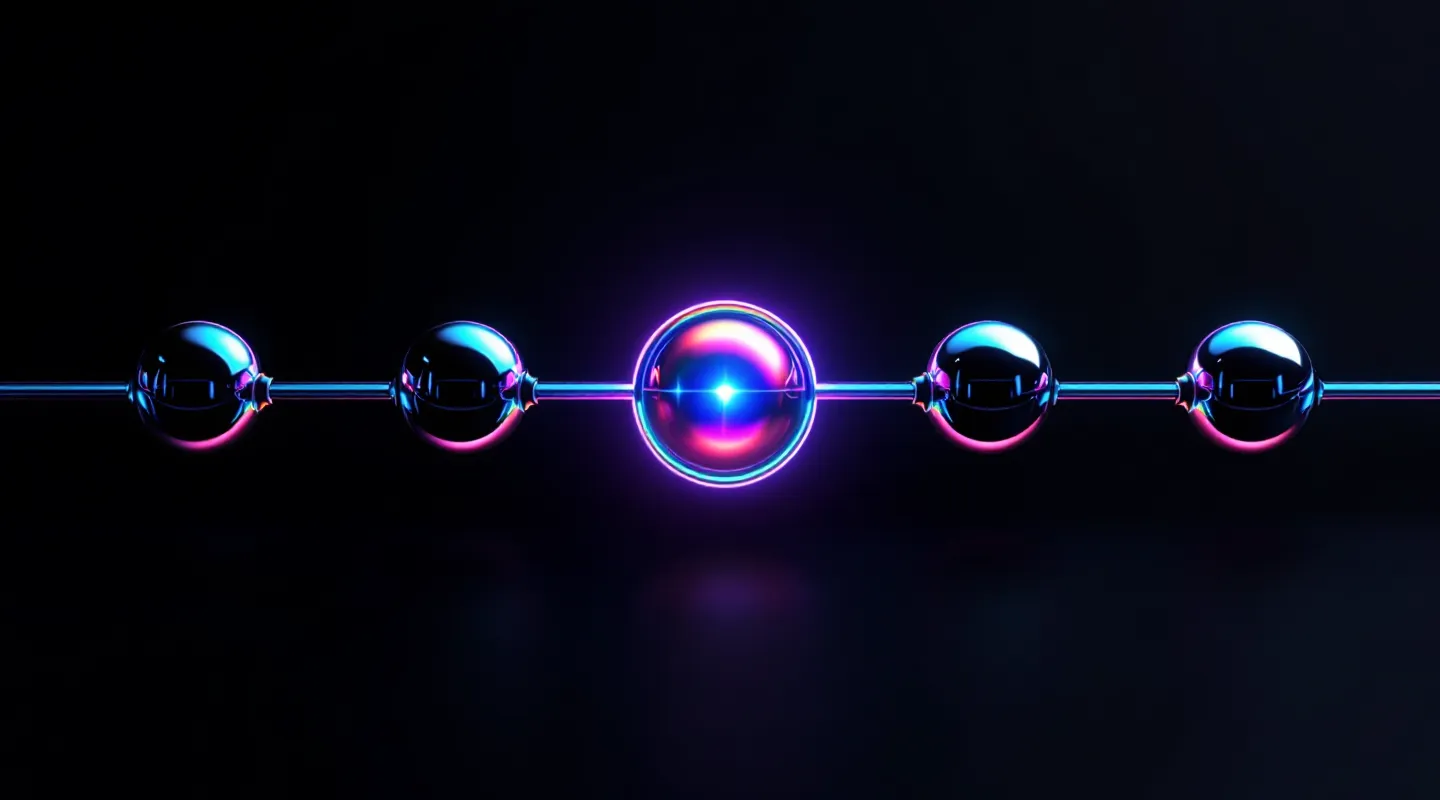 Five chrome pathway nodes in a horizontal row with the central node glowing iridescent on a space ground