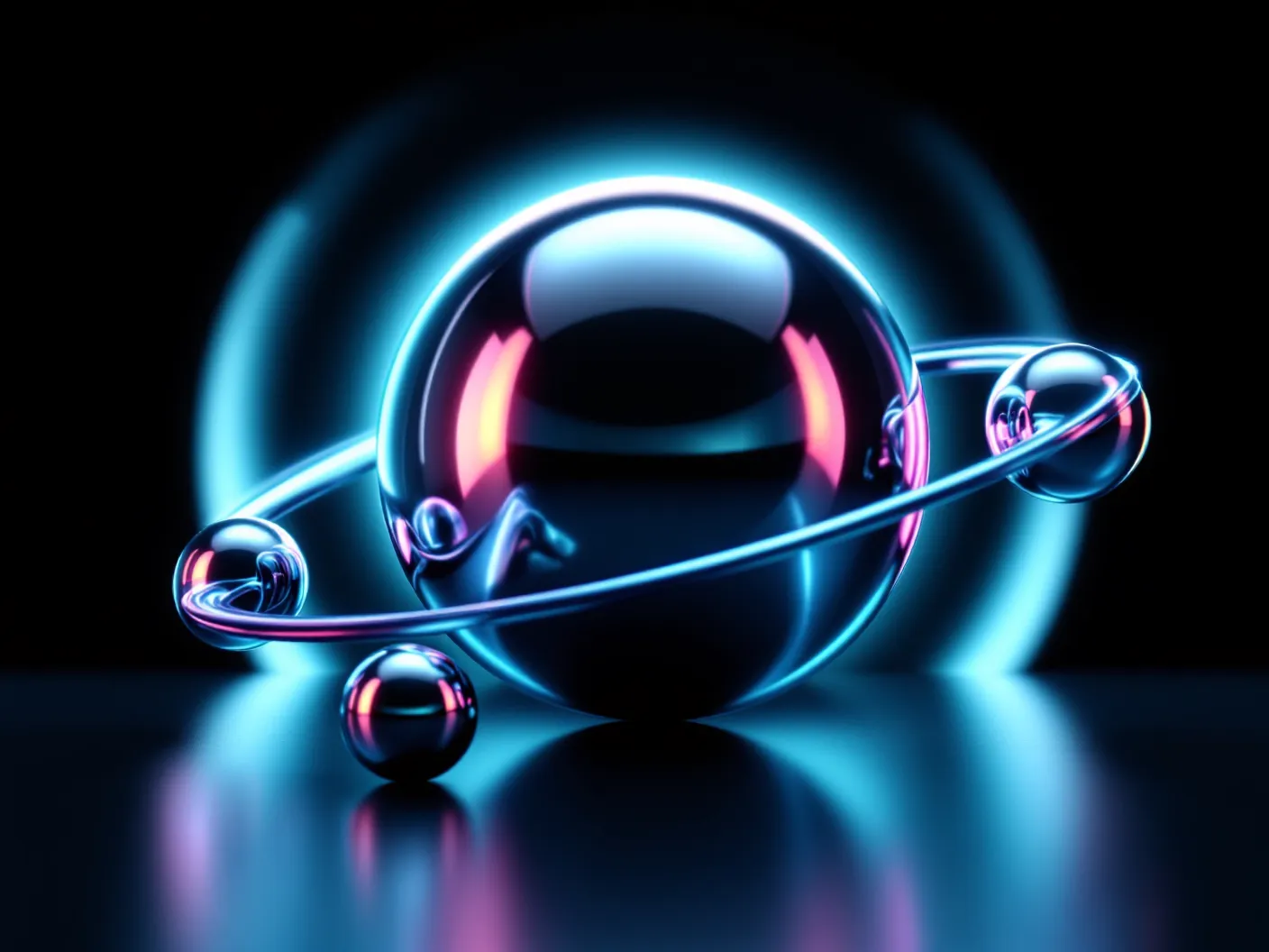 Glossy chrome coenzyme orb with two orbiting bead-orbs and an iridescent halo on a deep space ground