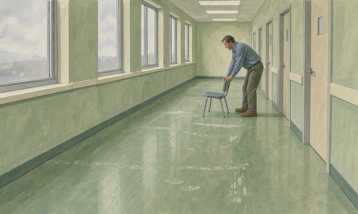 A technician arranging a chair in a long green-floored corridor